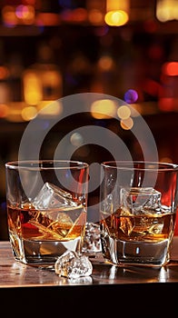 Two glasses of whiskey with ice on a bar counter, dark background with bokeh.