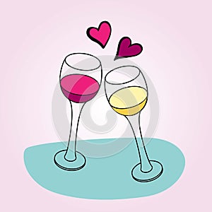 Two glasses with white and red wine. Toast Creating Splash with two hearts on blue sticker. Glasses for her and him