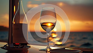 Two glasses of white wine on the background of the sea and sunset