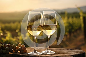 Two glasses of white wine in the background of a vineyard