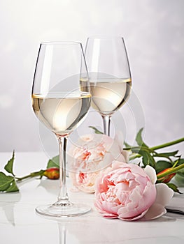 Two glasses of white wine and bouquet of pink peonies.