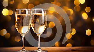 Two glasses of white wine or champagne toasting, blurred background