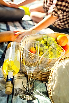 Two glasses, white wine and grapes, picnic theme