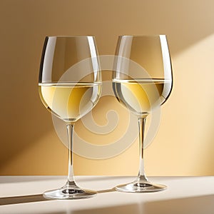 Two glasses of white wine, placed on a light beige background with shadows and fantastic highlights and reflecting