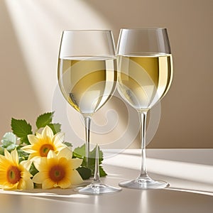 Two glasses of white wine, placed on a light beige background with shadows and fantastic highlights and reflecting