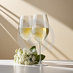 Two glasses of white wine, placed on a light beige background with shadows and fantastic highlights and reflecting