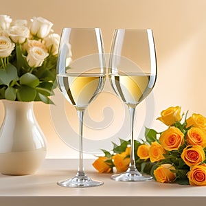 Two glasses of white wine, placed on a light beige background with shadows and fantastic highlights and reflecting