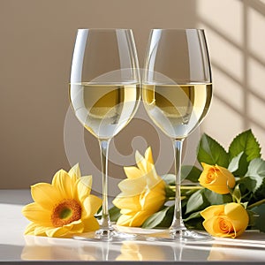 Two glasses of white wine, placed on a light beige background with shadows and fantastic highlights and reflecting