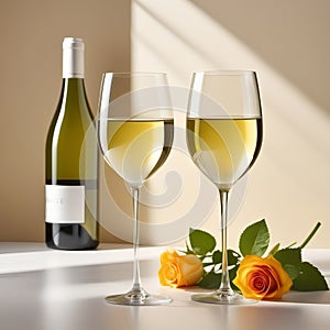 Two glasses of white wine, placed on a light beige background with shadows and fantastic highlights and reflecting