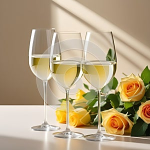 Two glasses of white wine, placed on a light beige background with shadows and fantastic highlights and reflecting