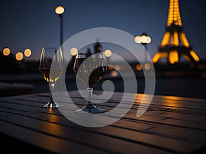 Two glasses of white wine on the terrace near the Eiffel Tower.