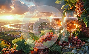 Two glasses of white wine. White wine with vineyards on the background of the city