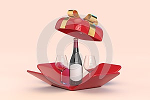 Two Glasses and Wine Bottle With Blank Label Mockup for Your Design in Opened Red Gift Box with Golden Ribbon. 3d Rendering