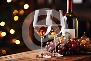 Two glasses of wine, a bottle of wine, grapes on a background of golden bokeh.Empty wooden table. Ready for product montage