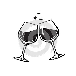 Two glasses of wine. Cheers with wineglasses. Clink glasses icon. Vector illustration on white background.