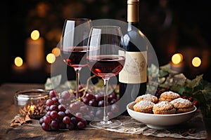Two glasses of wine, grapes, a bottle of wine, baked goods food on a dark background with golden bokeh