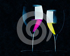 Two glasses of wine, one red, one white, are seen on a black background