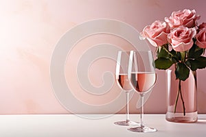 two glasses of wine with pink roses flowers in vase on pale pink background with copy space, romantic template design