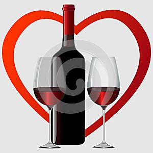 Two glasses of wine and a red heart.