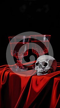 two glasses of wine, on red velvet, with skulls, on a black background, generated by AI, generative assistant.