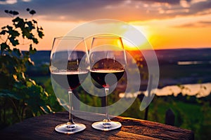 Two glasses of wine sitting elegantly on a wooden table, inviting you to unwind and enjoy a peaceful evening, Glasses of red wine