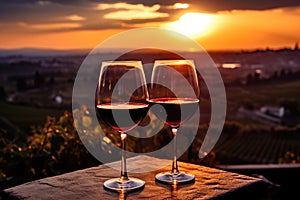Two glasses of wine sitting on top of a wooden table in a relaxed setting, Glasses of red wine at sunset with vineyards in the