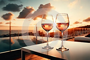 two glasses of wine on a table on an open terrace overlooking the sea