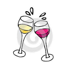Two glasses of wine with white and red wine. Vector Cheers iDoodle sketch illustration.Hand drawn cartoon Isolated set