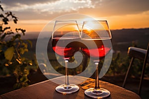 Two Glasses of Wine on Wooden Table, Relax and Unwind With a Glass of Red or White Wine, Glasses of red wine at sunset with