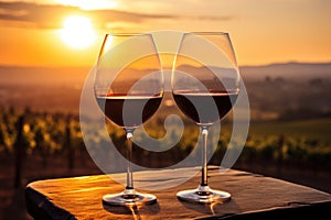 Two Glasses of Wine on Wooden Table, Relaxing Evening Setting, Glasses of red wine at sunset with vineyards in the background, AI