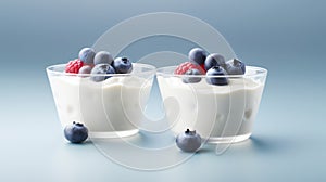 Two glasses of yogurt with berries and raspberries, AI