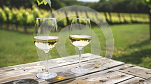 Two gles of chilled white wine sit on a wooden picnic table in a lush vineyard ready to be sampled during a leisurely photo