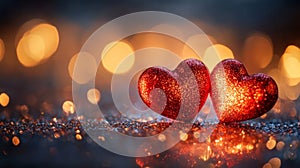 Two Glittering Red Hearts on Sparkling Surface