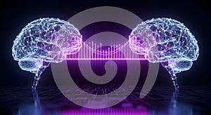 Two glowing digital brains connected by a purple network
