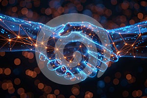 Two glowing digital hands on a colored blurred background, handshake, technology, business, the concept of trust