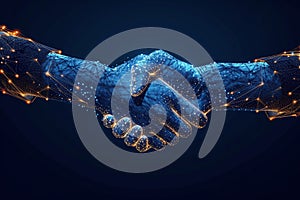 Two glowing hands, handshake, technology, business, trust concept. dark background with copyspace