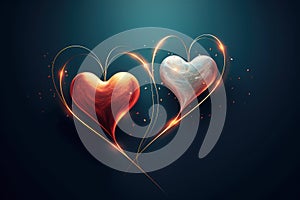 Two glowing hearts intertwined on a dark background