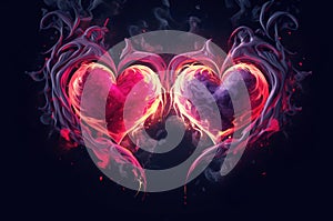 Two glowing hearts intertwined on a dark background