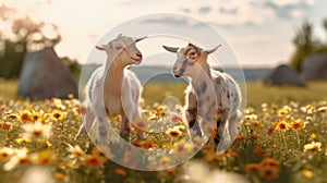 Two goats in the summer on a green lawn in a farm