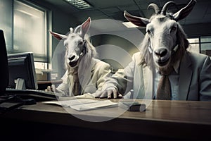 Two goats wearing suits and ties sitting at desk with laptop. Generative AI