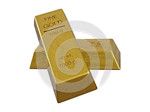 two gold bars isolated on white background with clipping path