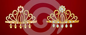 Two gold diadems isolated on red