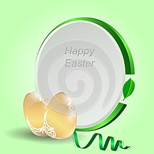 Two gold Easter eggs with a green tag on a light green background with ribbon.