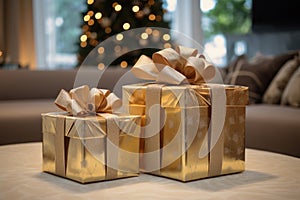 two gold gift boxes sitting on a table in front of a christmas tree