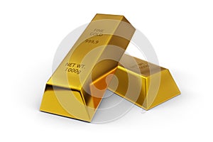 Two gold ingots or bars over white background - precious metal or money investment concept, 3D illustration