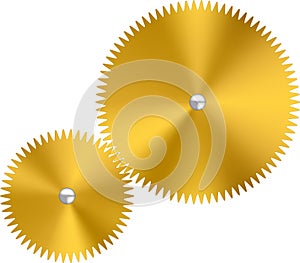 Two gold metallic watch gears or cogs with reflects