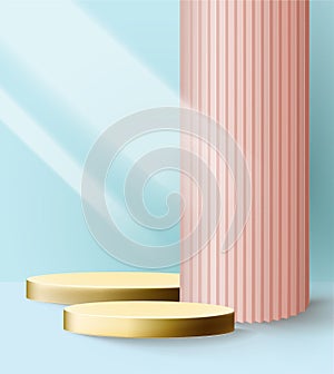 two gold podiums on a paper background, with Wellpappe, mockup template for product advertising. imitation of trend