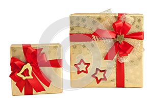 Two gold shiny paper wrap red star bell bow gift box christmas isolated