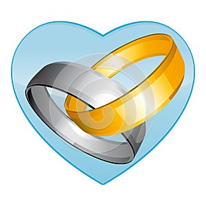 Two gold and silver wedding rings. Blue heart. Vector icon.
