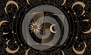 Two gold tarot cards on a black mystical background with the moon and stars. Modern banner for astrology, fortune